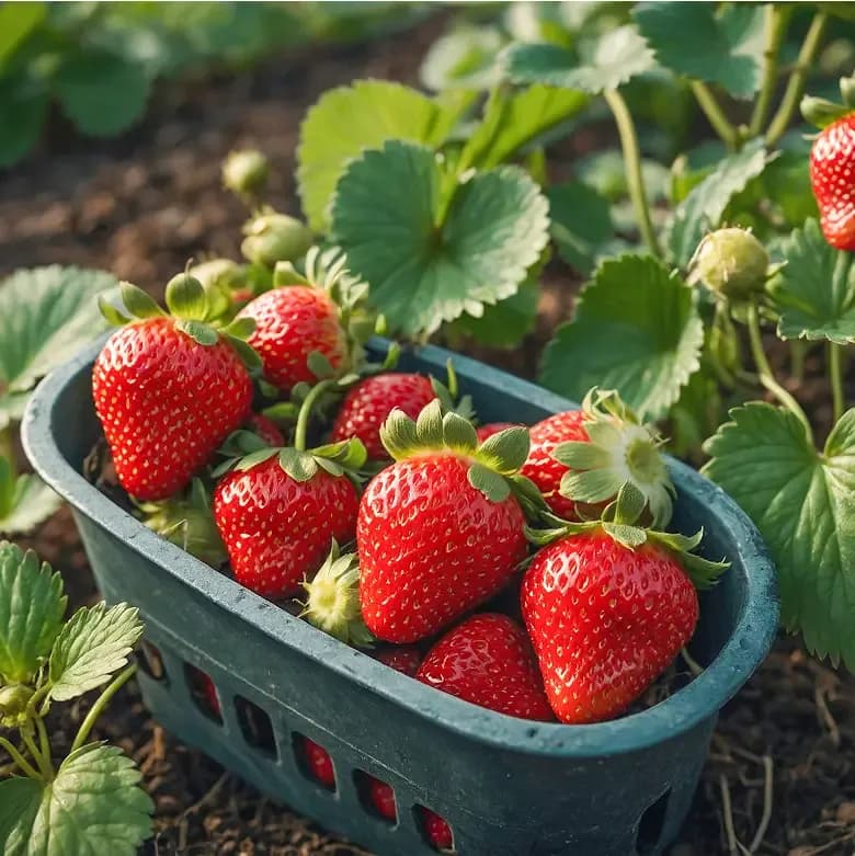 fresh strawberries harvested in basket on farm